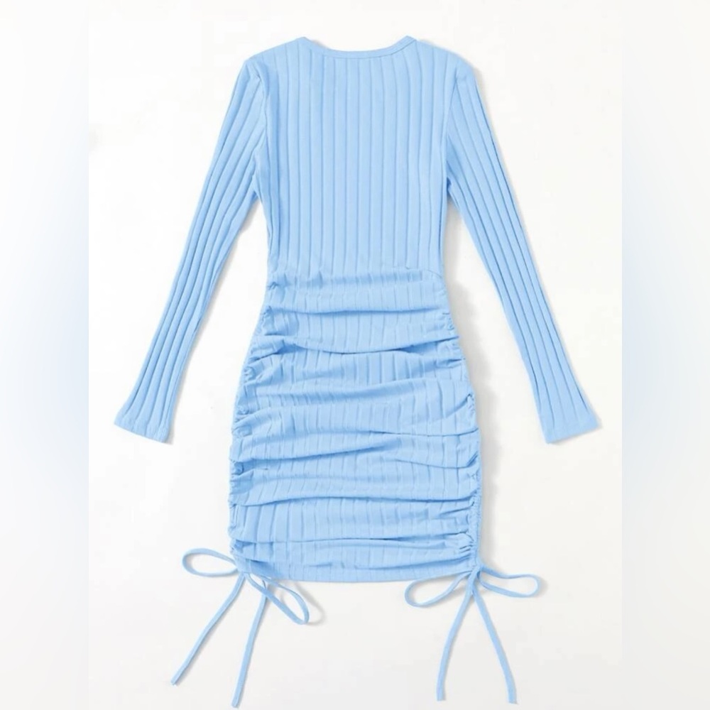 Drawstring Ruched Baby Blue Dress - Picture 2 of 5